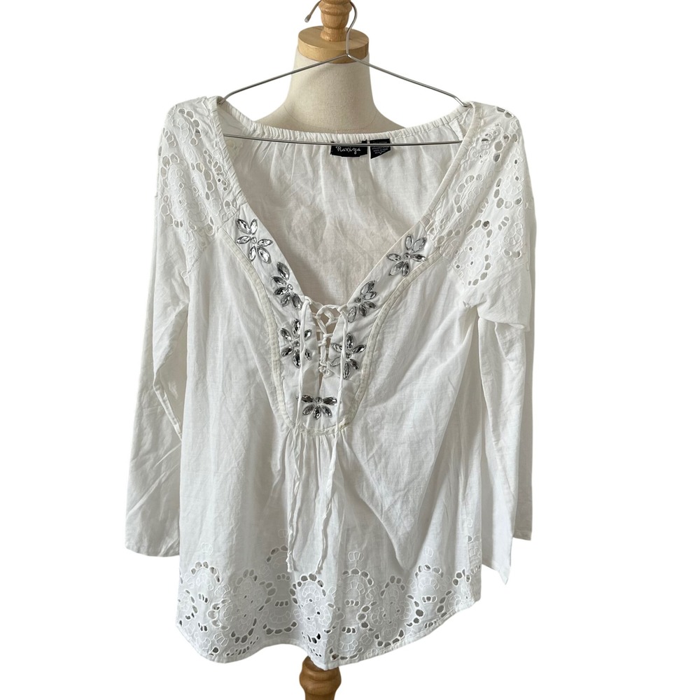 Raviya White Cotton Eyelet Lace Up Sequin Embellished Boho Tunic Top Small